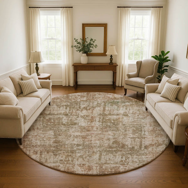 HomeRoots 8' Beige and Taupe Abstract Round Rug - Durable, Washable, UV-Protected for High-Traffic Areas 695273