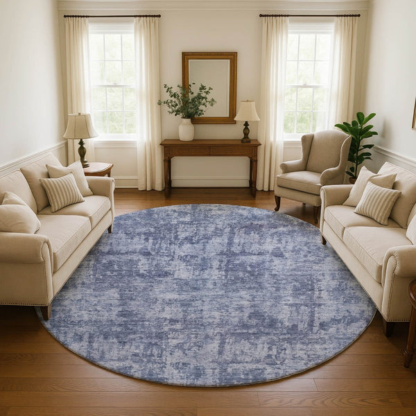 HomeRoots 8' Blue And Ivory Abstract Round Rug – Washable, UV-Protected, Durable, Ideal for Modern Spaces 695279