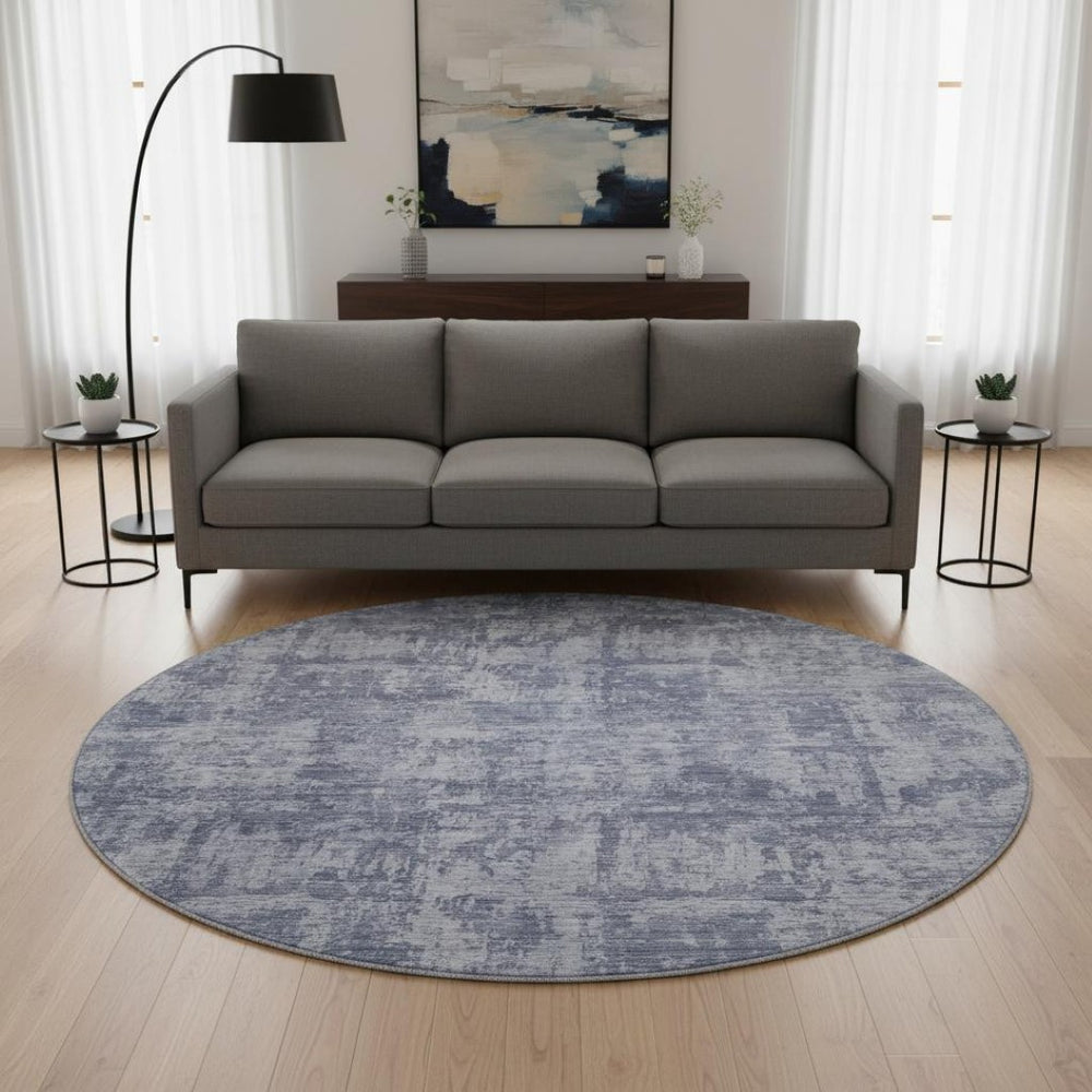 HomeRoots 8' Blue And Ivory Abstract Round Rug – Washable, UV-Protected, Durable, Ideal for Modern Spaces 695279