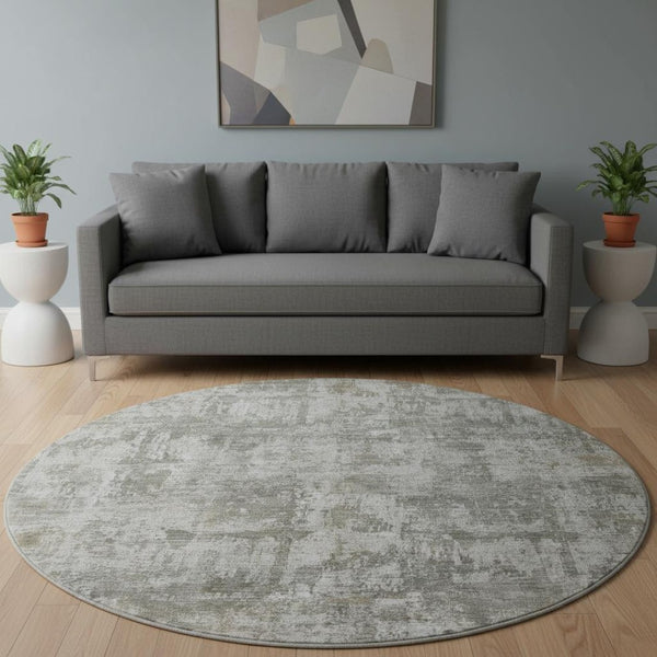 HomeRoots 8' Contemporary Pewter & Beige Abstract Washable Round Rug with UV Protection & Non-Slip Backing 695285