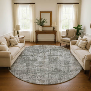 HomeRoots 8' Contemporary Pewter & Beige Abstract Washable Round Rug with UV Protection & Non-Slip Backing 695285