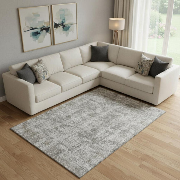 HomeRoots 10' X 14' Modern Pewter and Beige Abstract Area Rug - Washable, UV-Protected, and Pet-Friendly Design 695288