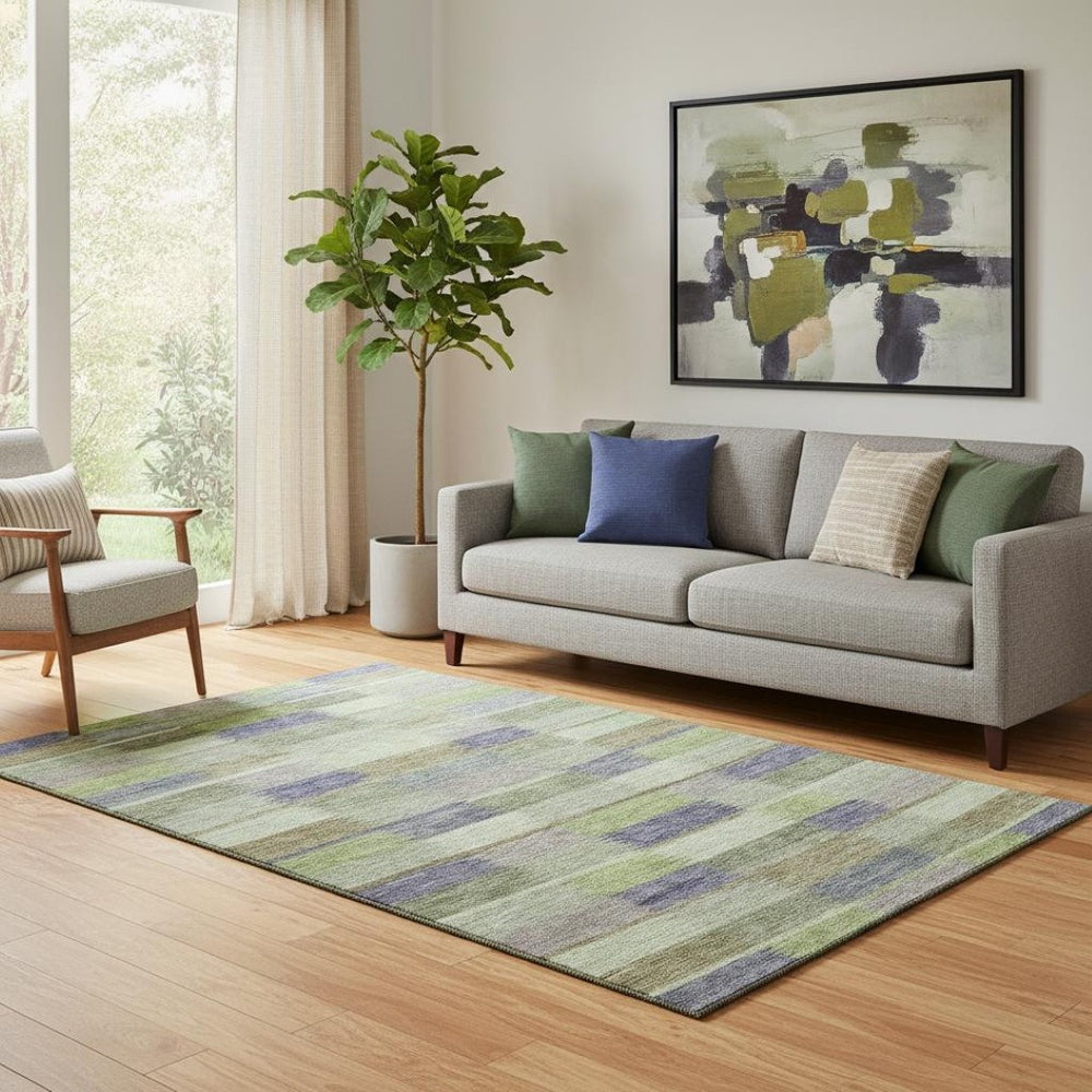 HomeRoots 5' Artichoke Green and Purple Striped Washable Area Rug with UV Protection for Easy Care Homes 695296