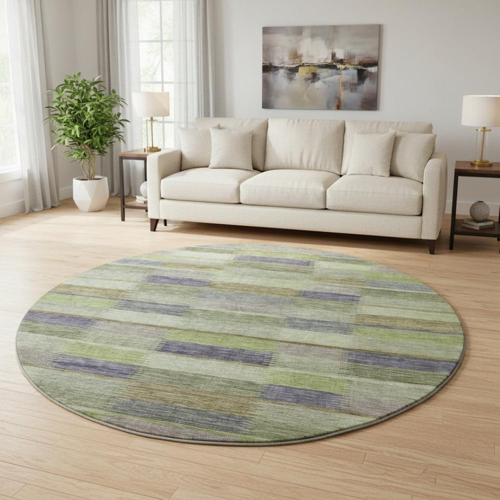 HomeRoots 8' Washable Round Rug in Artichoke Green, Purple & Taupe Stripes – UV Protected, Non-Slip Design! 695297