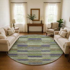 HomeRoots 8' Washable Round Rug in Artichoke Green, Purple & Taupe Stripes – UV Protected, Non-Slip Design! 695297