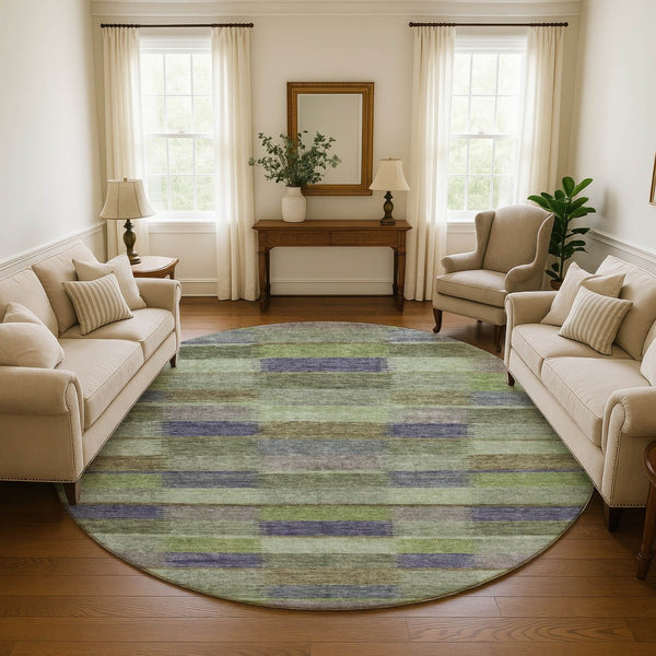 HomeRoots 8' Washable Round Rug in Artichoke Green, Purple & Taupe Stripes – UV Protected, Non-Slip Design! 695297