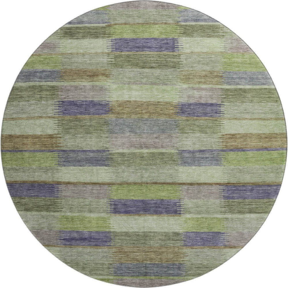 HomeRoots 8' Washable Round Rug in Artichoke Green, Purple & Taupe Stripes – UV Protected, Non-Slip Design! 695297