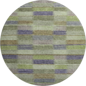HomeRoots 8' Washable Round Rug in Artichoke Green, Purple & Taupe Stripes – UV Protected, Non-Slip Design! 695297