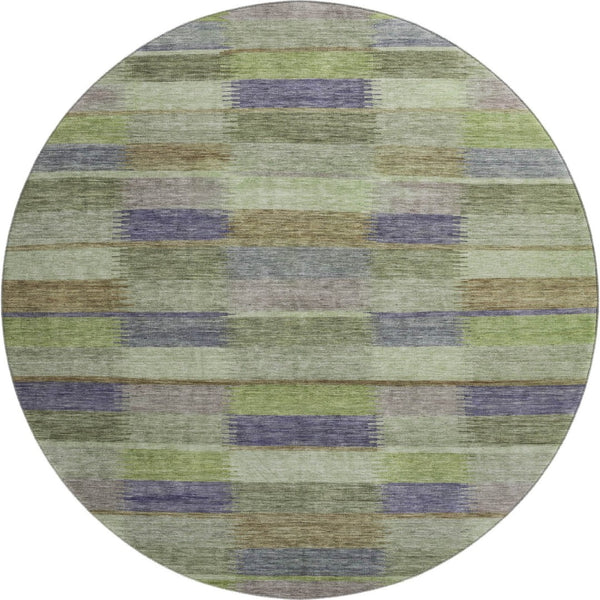 HomeRoots 8' Washable Round Rug in Artichoke Green, Purple & Taupe Stripes – UV Protected, Non-Slip Design! 695297