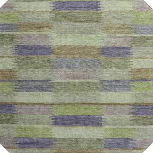 HomeRoots 8' Washable Round Rug in Artichoke Green, Purple & Taupe Stripes – UV Protected, Non-Slip Design! 695297