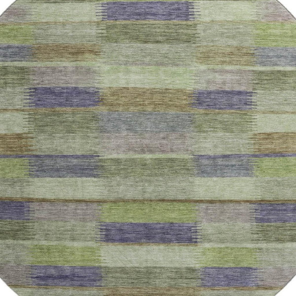 HomeRoots 8' Washable Round Rug in Artichoke Green, Purple & Taupe Stripes – UV Protected, Non-Slip Design! 695297