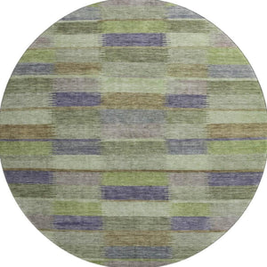 HomeRoots 8' Washable Round Rug in Artichoke Green, Purple & Taupe Stripes – UV Protected, Non-Slip Design! 695297