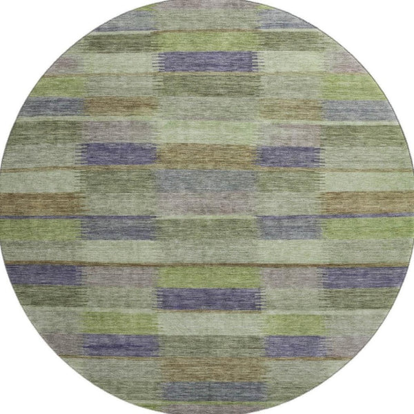 HomeRoots 8' Washable Round Rug in Artichoke Green, Purple & Taupe Stripes – UV Protected, Non-Slip Design! 695297