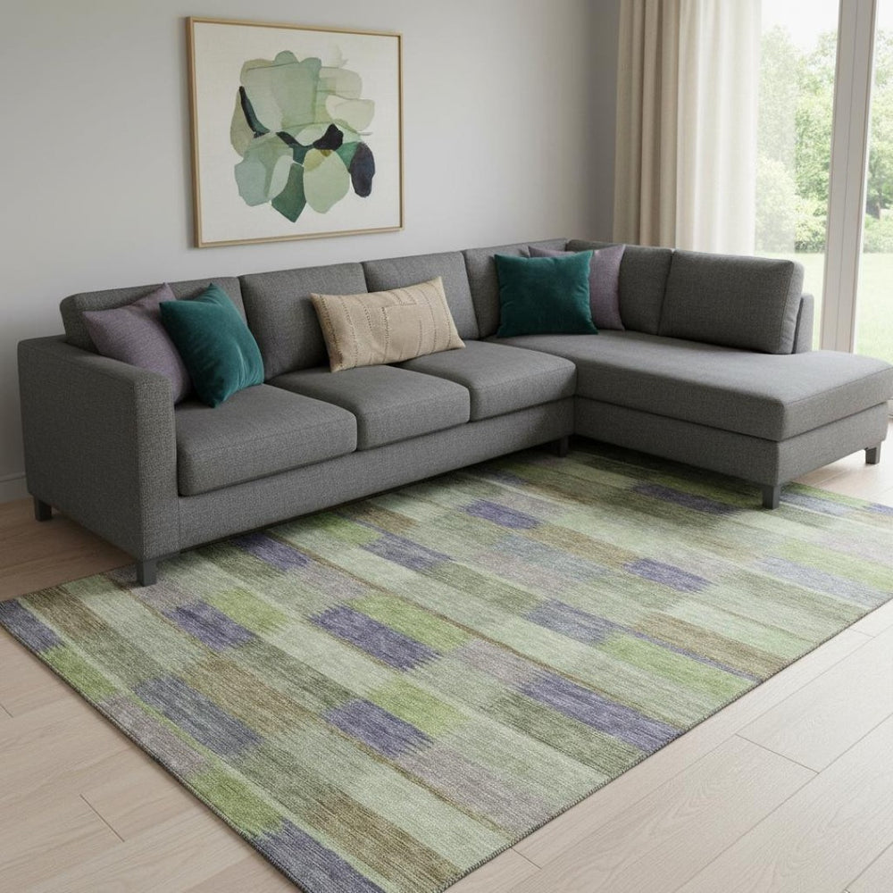 HomeRoots 8' X 10' Washable Area Rug in Artichoke Green, Purple, Taupe Stripes with UV Protection & Durability 695298