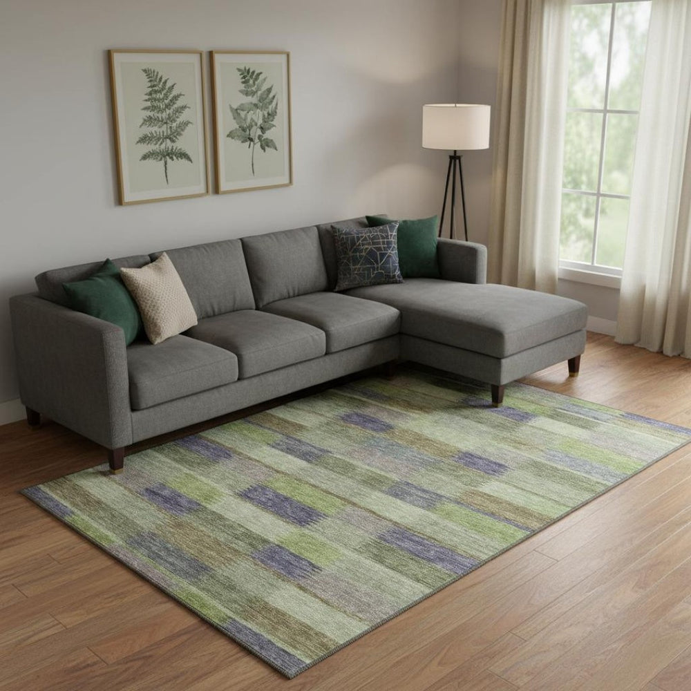 HomeRoots 9' X 12' Striped Washable Area Rug in Artichoke Green, Purple & Taupe – UV Protected & Stain-Resistant! 695299