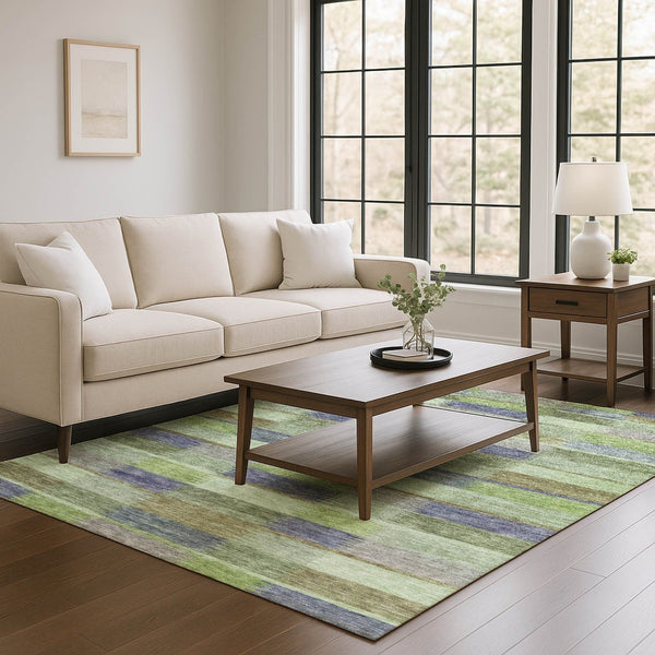 HomeRoots 9' X 12' Striped Washable Area Rug in Artichoke Green, Purple & Taupe – UV Protected & Stain-Resistant! 695299