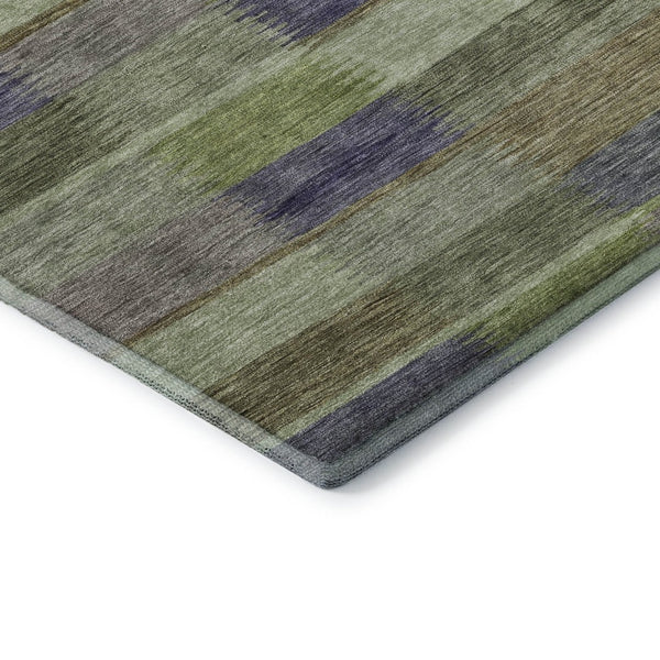 HomeRoots 9' X 12' Striped Washable Area Rug in Artichoke Green, Purple & Taupe – UV Protected & Stain-Resistant! 695299
