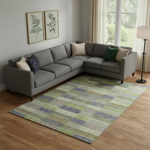 HomeRoots 10' Artichoke Green, Purple & Taupe Striped Washable Area Rug – UV Protected, Durable & Stylish Home Accent 695300