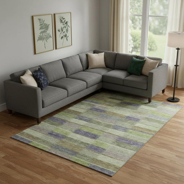 HomeRoots 10' Artichoke Green, Purple & Taupe Striped Washable Area Rug – UV Protected, Durable & Stylish Home Accent 695300