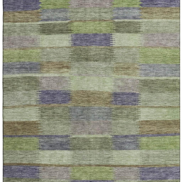 HomeRoots 10' Artichoke Green, Purple & Taupe Striped Washable Area Rug – UV Protected, Durable & Stylish Home Accent 695300