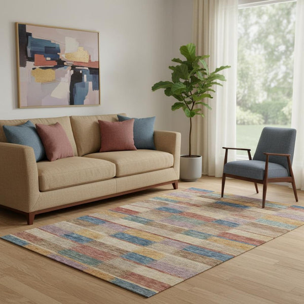 HomeRoots 5' X 8' Striped Area Rug in Beige, Blue & Gold - Washable, UV Protected, Stain Resistant for Homes 695302