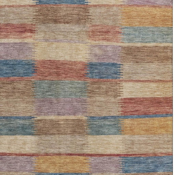 HomeRoots 5' X 8' Striped Area Rug in Beige, Blue & Gold - Washable, UV Protected, Stain Resistant for Homes 695302