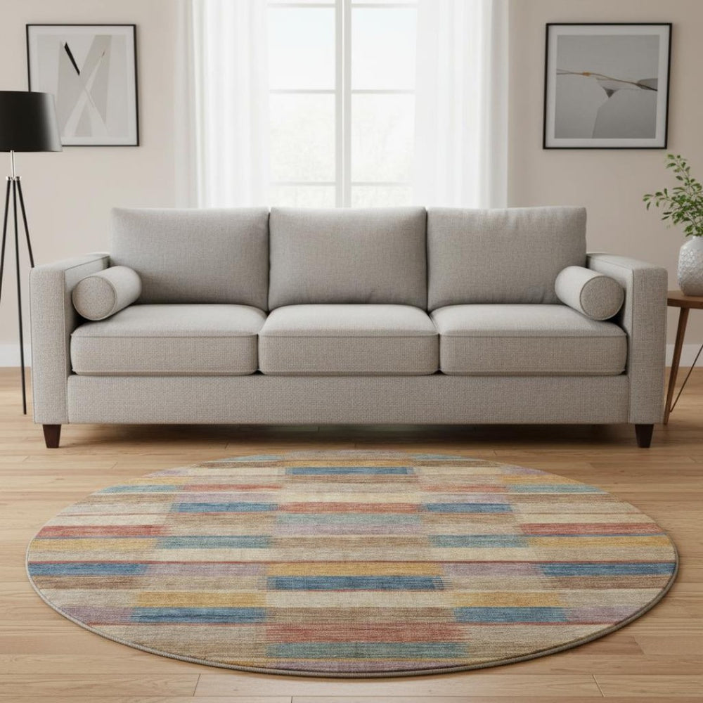HomeRoots 8' Stylish Beige, Blue & Gold Striped Round Rug - Washable, UV Protected, Durable for High-Traffic Areas 695303