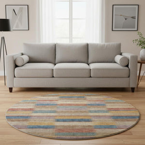 HomeRoots 8' Stylish Beige, Blue & Gold Striped Round Rug - Washable, UV Protected, Durable for High-Traffic Areas 695303