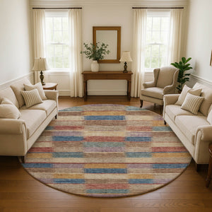 HomeRoots 8' Stylish Beige, Blue & Gold Striped Round Rug - Washable, UV Protected, Durable for High-Traffic Areas 695303