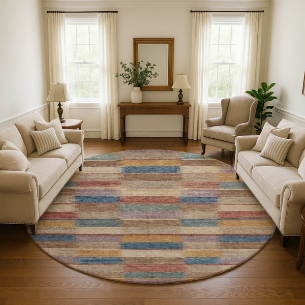 HomeRoots 8' Stylish Beige, Blue & Gold Striped Round Rug - Washable, UV Protected, Durable for High-Traffic Areas 695303