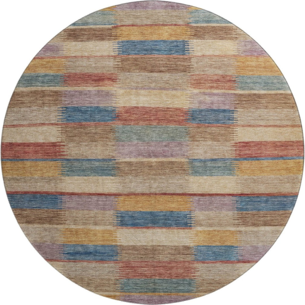 HomeRoots 8' Stylish Beige, Blue & Gold Striped Round Rug - Washable, UV Protected, Durable for High-Traffic Areas 695303