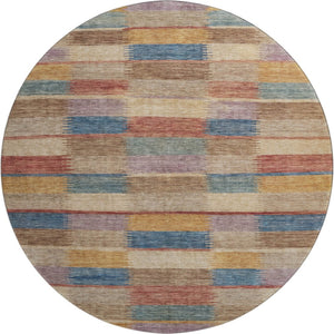 HomeRoots 8' Stylish Beige, Blue & Gold Striped Round Rug - Washable, UV Protected, Durable for High-Traffic Areas 695303