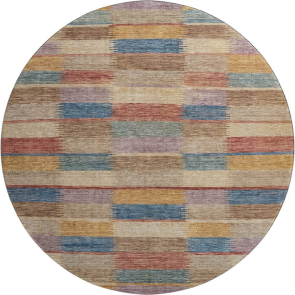 HomeRoots 8' Stylish Beige, Blue & Gold Striped Round Rug - Washable, UV Protected, Durable for High-Traffic Areas 695303