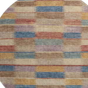 HomeRoots 8' Stylish Beige, Blue & Gold Striped Round Rug - Washable, UV Protected, Durable for High-Traffic Areas 695303
