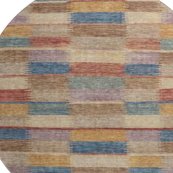 HomeRoots 8' Stylish Beige, Blue & Gold Striped Round Rug - Washable, UV Protected, Durable for High-Traffic Areas 695303