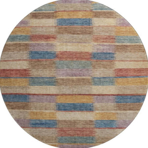 HomeRoots 8' Stylish Beige, Blue & Gold Striped Round Rug - Washable, UV Protected, Durable for High-Traffic Areas 695303