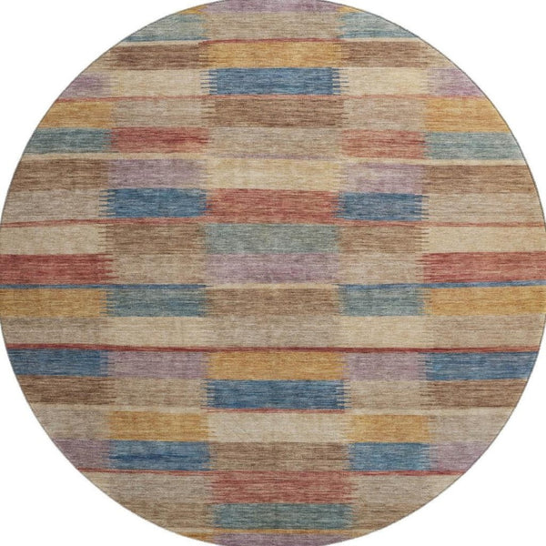 HomeRoots 8' Stylish Beige, Blue & Gold Striped Round Rug - Washable, UV Protected, Durable for High-Traffic Areas 695303
