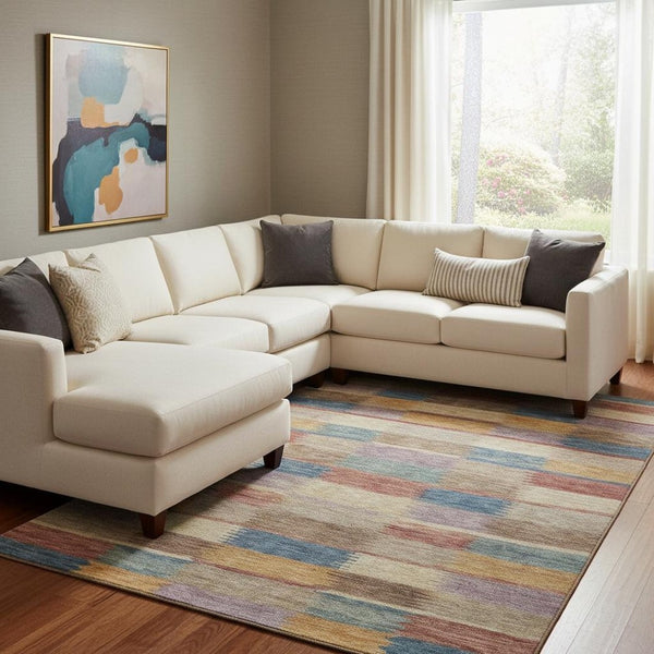 HomeRoots 8' x 10' Washable Beige, Blue & Gold Striped Area Rug with UV Protection for High-Traffic Spaces 695304