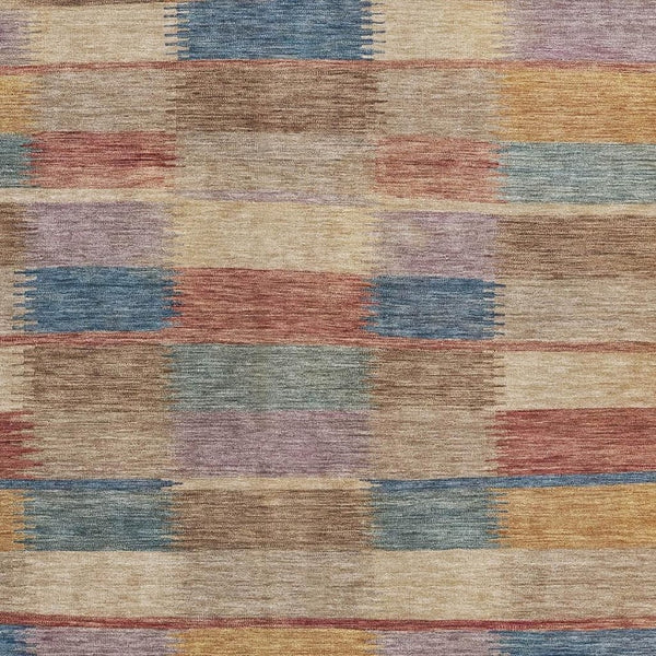 HomeRoots 8' x 10' Washable Beige, Blue & Gold Striped Area Rug with UV Protection for High-Traffic Spaces 695304