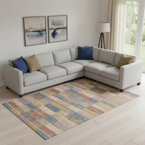 HomeRoots 9' X 12' Stylish Beige, Blue & Gold Striped Washable Area Rug with UV Protection & Durable Design 695305