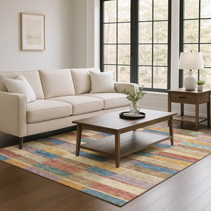 HomeRoots 9' X 12' Stylish Beige, Blue & Gold Striped Washable Area Rug with UV Protection & Durable Design 695305