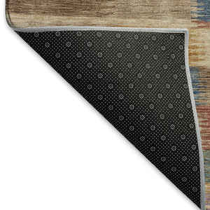 HomeRoots 9' X 12' Stylish Beige, Blue & Gold Striped Washable Area Rug with UV Protection & Durable Design 695305