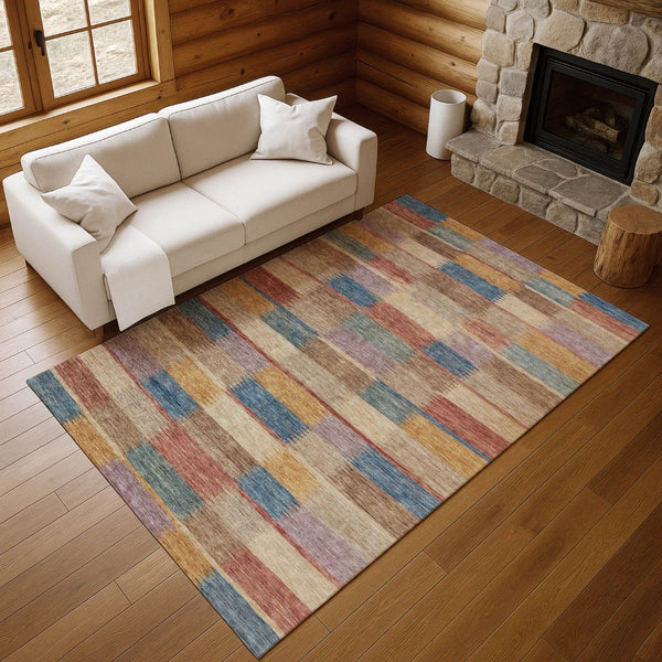 HomeRoots 9' X 12' Stylish Beige, Blue & Gold Striped Washable Area Rug with UV Protection & Durable Design 695305