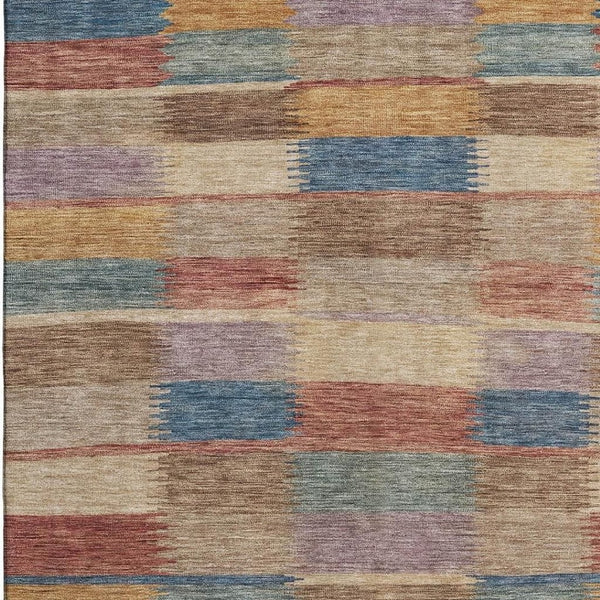 HomeRoots 9' X 12' Stylish Beige, Blue & Gold Striped Washable Area Rug with UV Protection & Durable Design 695305