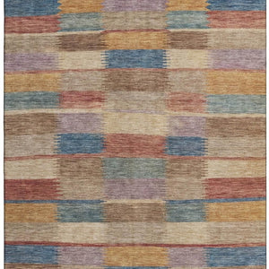HomeRoots 9' X 12' Stylish Beige, Blue & Gold Striped Washable Area Rug with UV Protection & Durable Design 695305