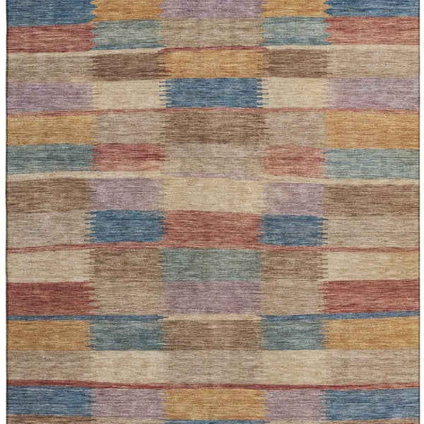 HomeRoots 9' X 12' Stylish Beige, Blue & Gold Striped Washable Area Rug with UV Protection & Durable Design 695305