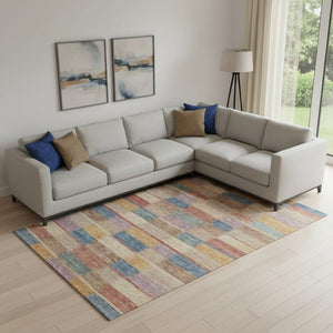 HomeRoots 10' Beige, Blue & Gold Striped Washable Area Rug with UV Protection – Durable, Non-Slip, Easy Care! 695306
