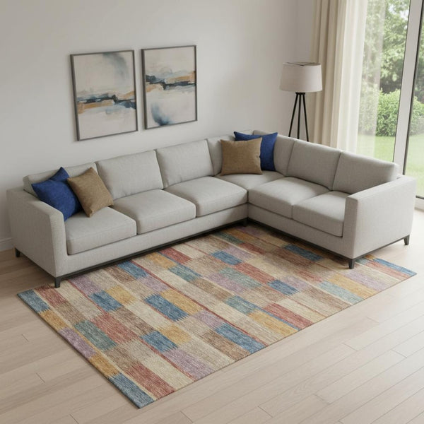 HomeRoots 10' Beige, Blue & Gold Striped Washable Area Rug with UV Protection – Durable, Non-Slip, Easy Care! 695306
