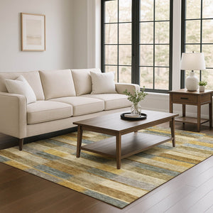 HomeRoots 5' X 8' Striped Washable Area Rug in Brown, Beige, and Gray - UV Protected, Non-Slip, Durable Design 695308