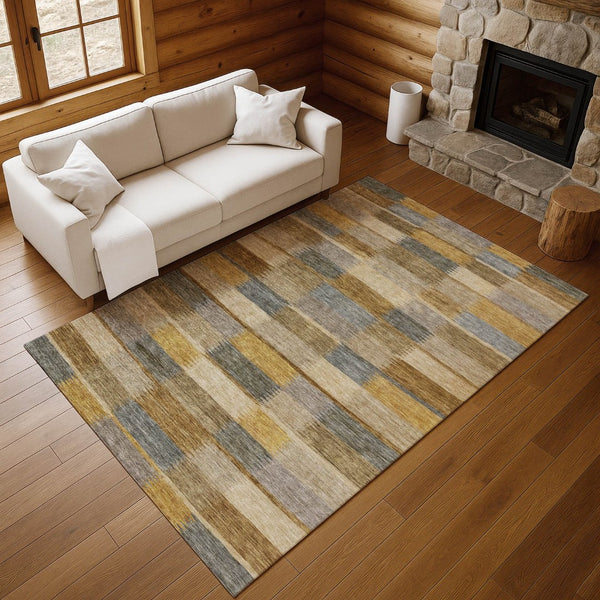 HomeRoots 5' X 8' Striped Washable Area Rug in Brown, Beige, and Gray - UV Protected, Non-Slip, Durable Design 695308